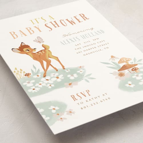 This is a robin egg baby shower invitations with standard by Alaina Cherup called disney's bambi woodland wonderland printing on signature in standard