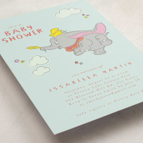 This is a baby blue baby shower invitations with standard by Kanika Mathur called disney's baby dumbo printing on signature in standard
