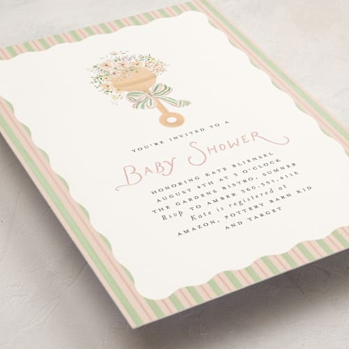 This is a blush baby shower invitations with standard by Itsy Belle Studio called floral rattle printing on signature in standard