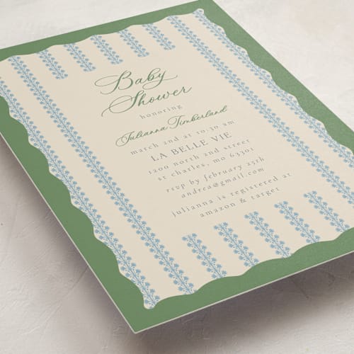 This is a forest baby shower invitations with standard by Jen Owens called wavy stripe printing on signature in standard