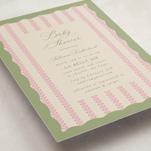 This is a watermelon baby shower invitations with standard by Jen Owens called wavy stripe printing on signature in standard