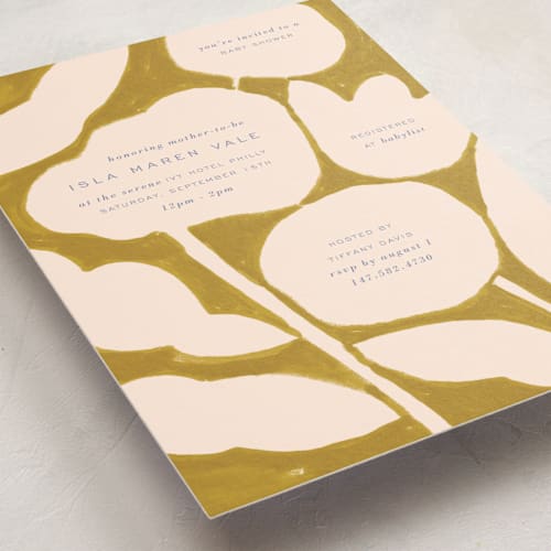 This is a mustard baby shower invitations with standard by Sierra Lee called flora printing on signature in standard