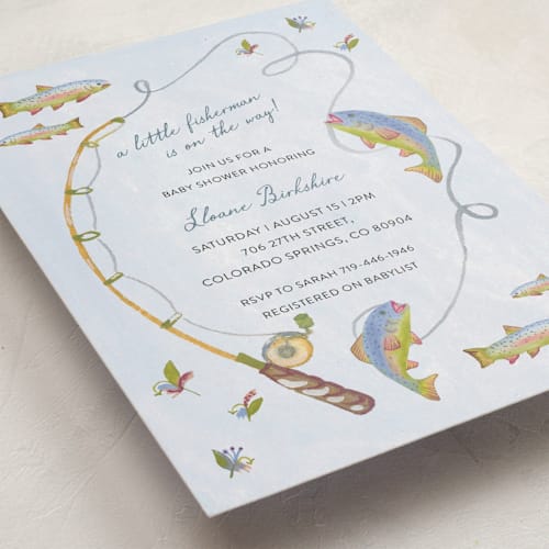 This is a lake baby shower invitations with standard by Sally Dayton called a little fisherman is on the way! printing on signature in standard