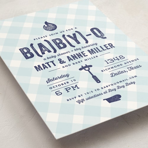 This is a sky blue baby shower invitations with standard by Lauren Chism called b(a)b(y)q printing on signature in standard