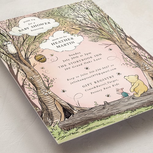 This is a petal baby shower invitations with standard by Becky Nimoy called disney's winnie the pooh in the wood printing on signature in standard