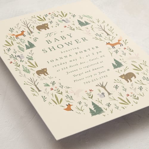 This is a sand baby shower invitations with standard by Hannah Williams called oval forest printing on signature in standard