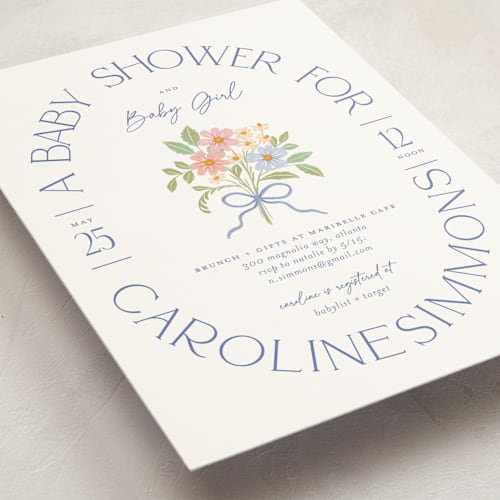 This is a periwinkle baby shower invitations with standard by Paper Raven Co. called bitty bouquet printing on signature in standard