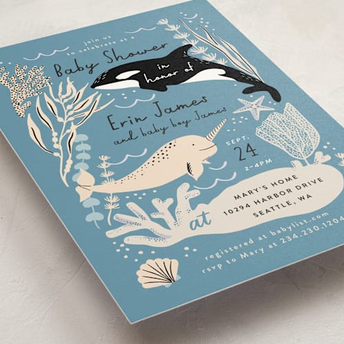 This is a ocean baby shower invitations with standard by Alethea and Ruth called under the sea creatures printing on signature in standard