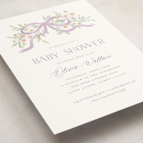 This is a lavender baby shower invitations with standard by Paper Raven Co. called sweet child printing on signature in standard