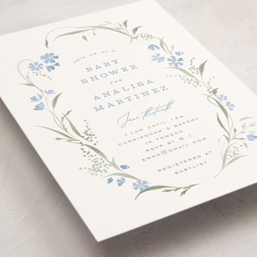This is a forget-me-not baby shower invitations with standard by Erin L. Wilson called lottie printing on signature in standard