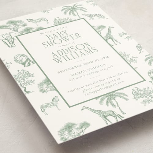 This is a palm baby shower invitations with standard by Jenna Holcomb called safari toile printing on signature in standard