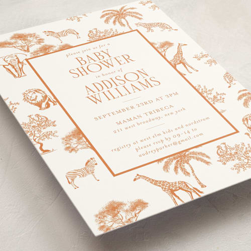 This is a tangerine baby shower invitations with standard by Jenna Holcomb called safari printing on signature in standard