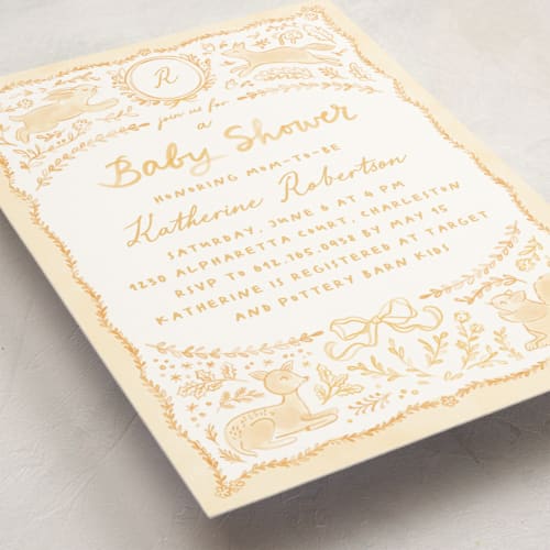 This is a buttercup baby shower invitations with standard by Creo Study called folk woodland printing on signature in standard