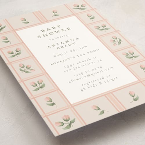 This is a blush baby shower invitations with standard by Jennifer Holbrook called rose quilt printing on signature in standard