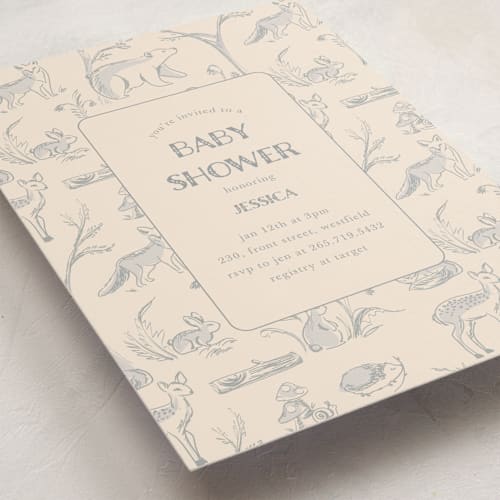 This is a bamboo baby shower invitations with standard by Teju Reval called forest toile printing on signature in standard