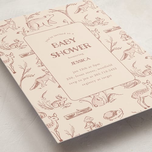 This is a rust baby shower invitations with standard by Teju Reval called forest toile printing on signature in standard