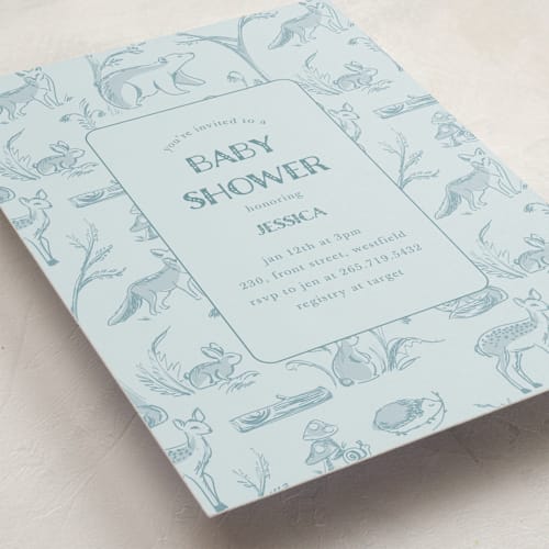 This is a water baby shower invitations with standard by Teju Reval called forest toile printing on signature in standard