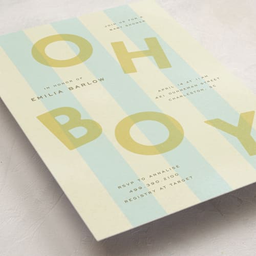 This is a baby blue baby shower invitations with standard by Ellen Schlegelmilch called oh boy printing on signature in standard
