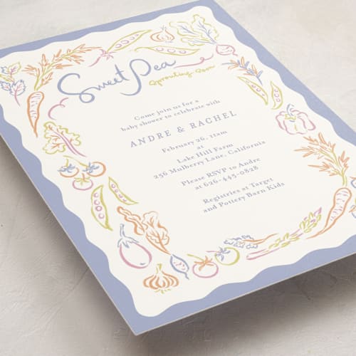 This is a periwinkle baby shower invitations with standard by Natalie Rae called veggie patch printing on signature in standard