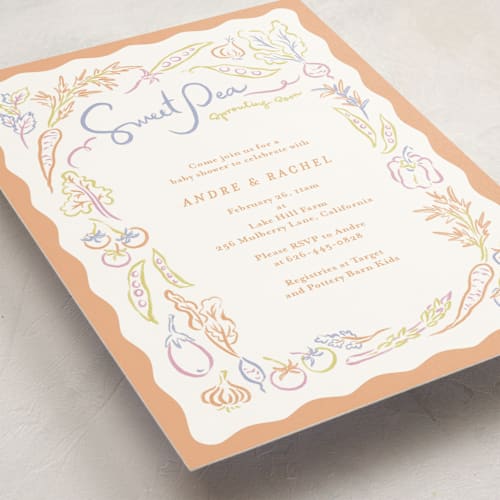 This is a apricot baby shower invitations with standard by Natalie Rae called veggie patch printing on signature in standard