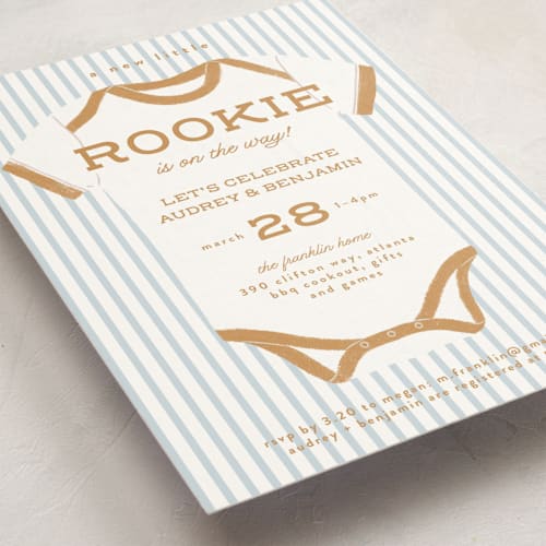 This is a mustard baby shower invitations with standard by Paper Raven Co. called rookie season printing on signature in standard