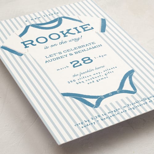 This is a sky baby shower invitations with standard by Paper Raven Co. called rookie season printing on signature in standard