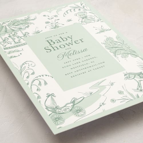 This is a forest baby shower invitations with standard by Teju Reval called baby toile printing on signature in standard