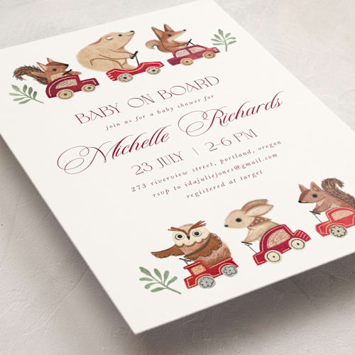 This is a barn baby shower invitations with standard by Vivian Yiwing called woodland cars printing on signature in standard