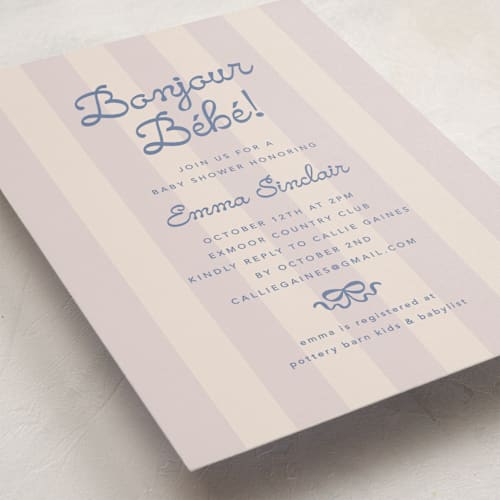This is a lavender baby shower invitations with standard by Olivia Raufman called mariniere printing on signature in standard
