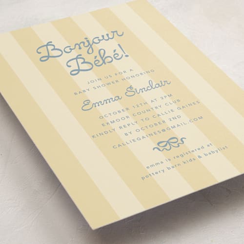 This is a lemon baby shower invitations with standard by Olivia Raufman called mariniere printing on signature in standard