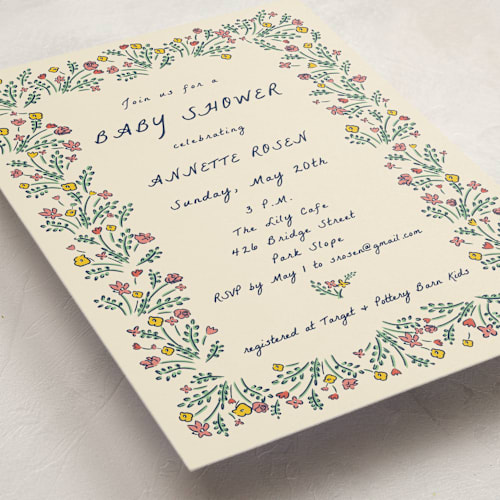 This is a midnight baby shower invitations with standard by Sarah Rosenthal called blossoming love printing on signature in standard