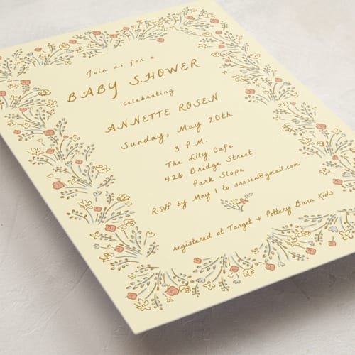 This is a golden baby shower invitations with standard by Sarah Rosenthal called blossoming love printing on signature in standard