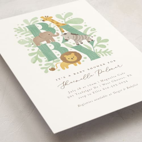 This is a mint baby shower invitations with standard by Jennifer Wick called petite safari printing on signature in standard