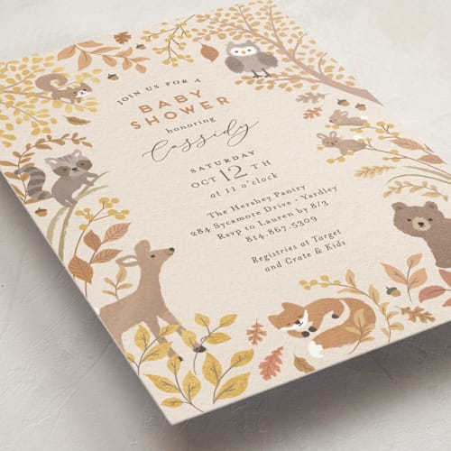 This is a pumpkin baby shower invitations with standard by Jennifer Wick called woodland autumn printing on signature in standard
