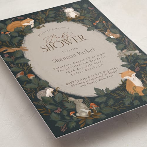 This is a forest baby shower invitations with standard by Joanna Griffin called woodland baby shower printing on signature in standard