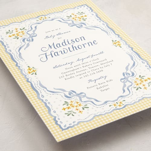 This is a sunshine baby shower invitations with standard by Erin L. Wilson called baby eyelet printing on signature in standard