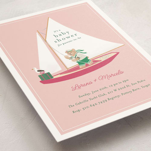 This is a blush baby shower invitations with standard by Becky Nimoy called sailor bear printing on signature in standard