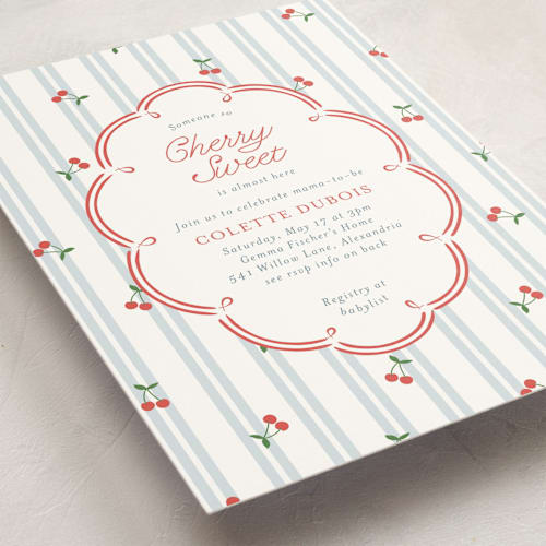 This is a sky baby shower invitations with standard by Leia Matt called cherry sweet stripe printing on signature in standard