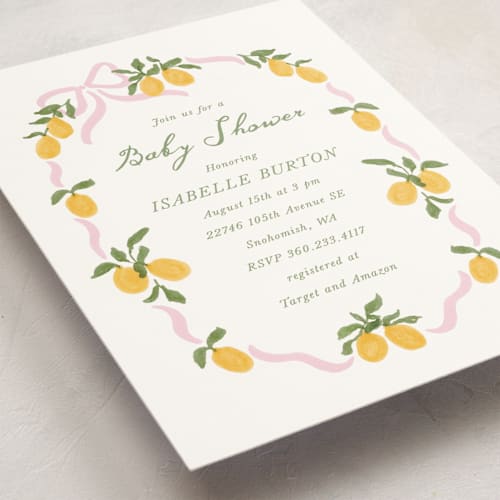 This is a pink lemonade baby shower invitations with standard by Angela Garrick called lemon and ribbon printing on signature in standard