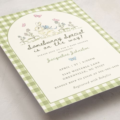 This is a grass baby shower invitations with standard by Holton Art and Design called somebunny special storybook printing on signature in standard
