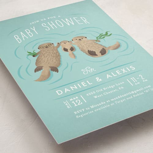 This is a aqua baby shower invitations with standard by Jennifer Wick called little otters printing on signature in standard