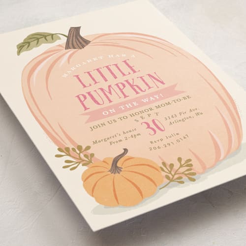 This is a peach baby shower invitations with standard by Karidy Walker called autumn pumpkin printing on signature in standard