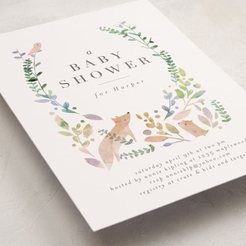 This is a forest baby shower invitations with standard by Lori Wemple called woodland printing on signature in standard