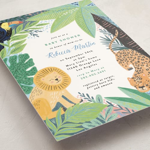This is a canary baby shower invitations with standard by Alethea and Ruth called jungle animal sketchbook printing on signature in standard