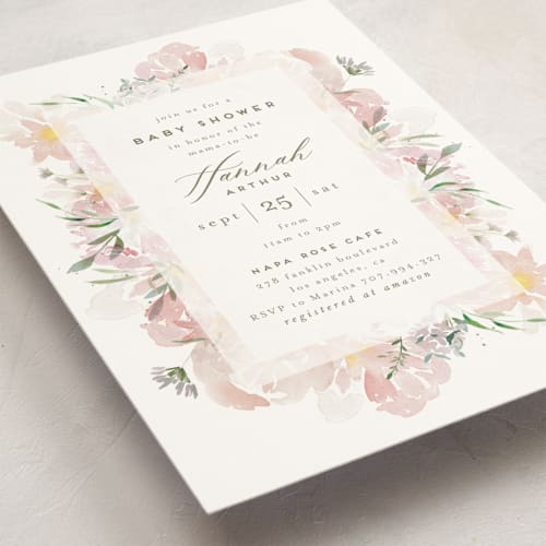 This is a blush baby shower invitations with standard by Leah Bisch called flora fest printing on signature in standard