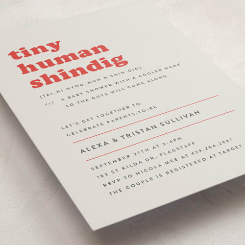 This is a fire engine baby shower invitations with standard by Corinne Malesic called tiny human printing on signature in standard