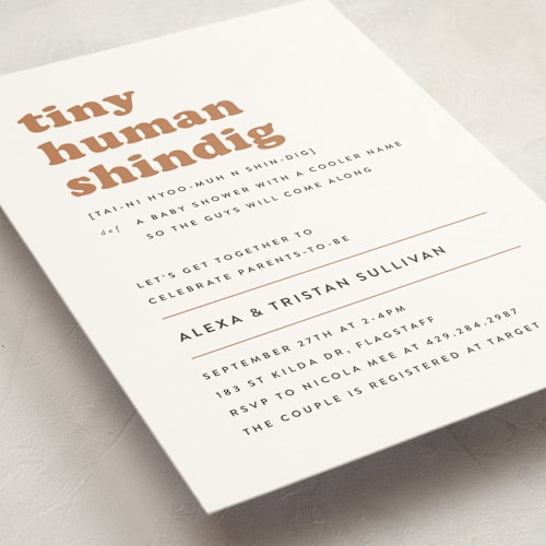 This is a cinnamon baby shower invitations with standard by Corinne Malesic called tiny human printing on signature in standard