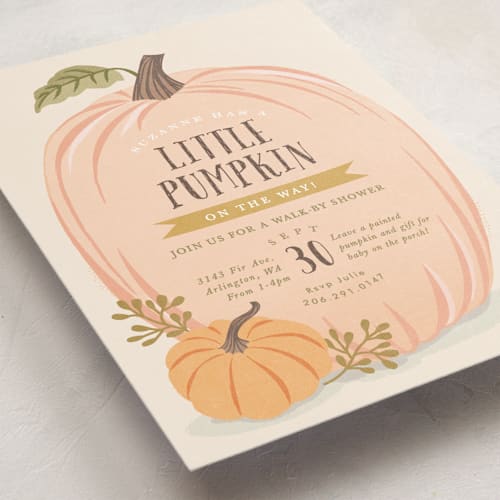 This is a mustard baby shower invitations with standard by Karidy Walker called autumn pumpkin printing on signature in standard