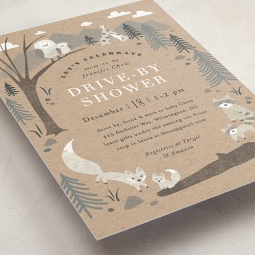 This is a kraft baby shower invitations with standard by Jennifer Wick called woodland's welcome printing on signature in standard