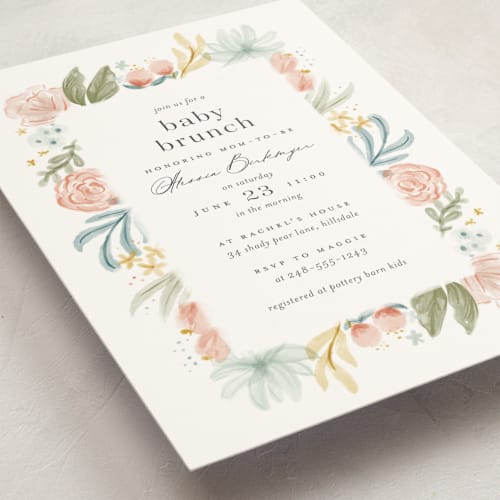 This is a rose baby shower invitations with standard by Ashley DeMeyere called blooming brunch printing on signature in standard